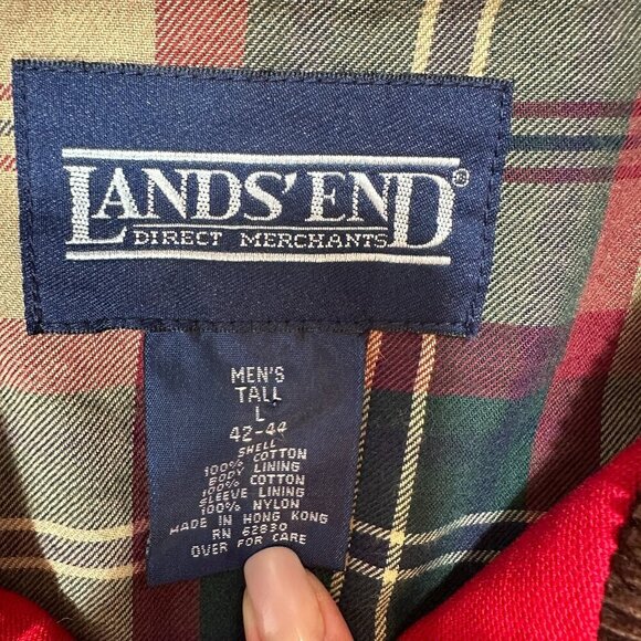 Lands'End Leather Collar Red Plaid Lined Barn Coat | Men's Size Tall L (42-44) - Picture 12 of 12